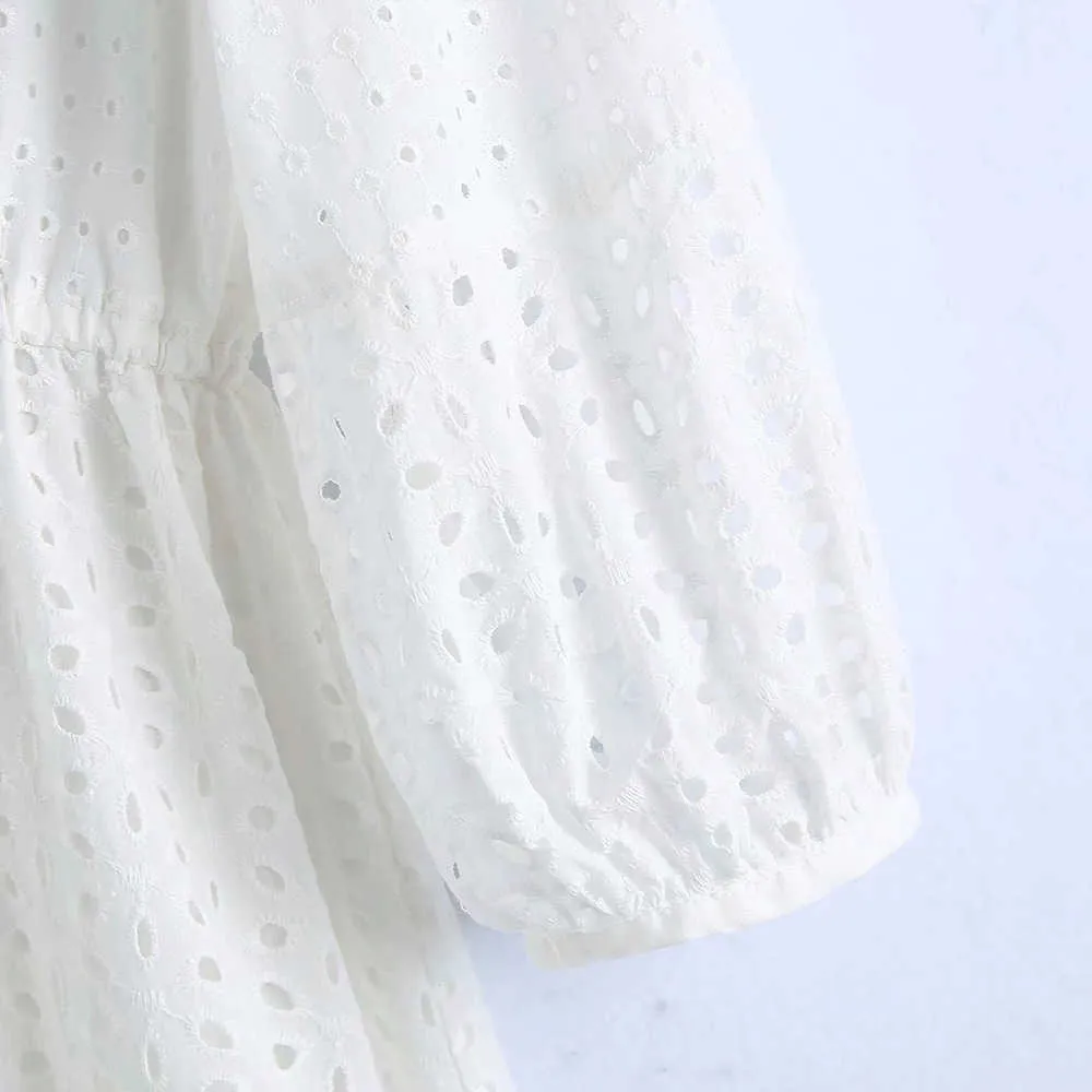 Frauen Sommer Weiß V-ausschnitt Kleid Ärmel Tasten Fliege Dünne Beiläufige Weibliche Elegante Party A-Linie Kleider Kleidung Vestidos 210531