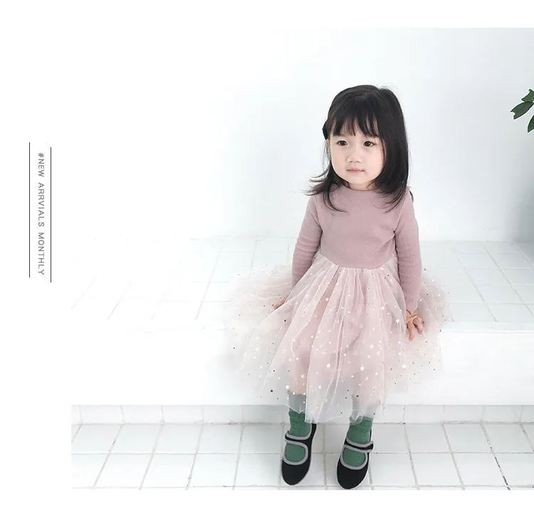 Lente herfst baby meisjes ster mesh patchwork lange mouw prinses jurken Koreaanse stijl baby kinderen katoen schattige jurk tops 210508