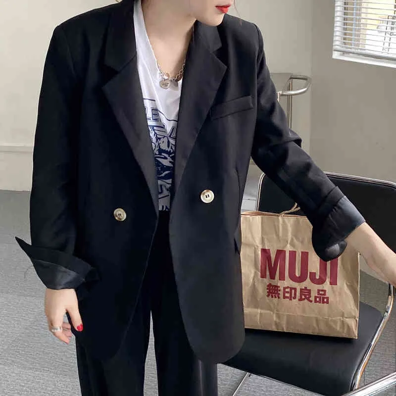 Korean Double-breasted Women Blazer Coat Spring Full Sleeve Casual Fashion Loose Female Jacket Femme 210513