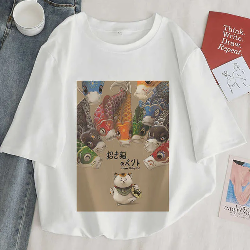 Japan Koi Fish Graphic Print T-shirt Women 2020 New Summer Fashion White Tops Tshirt Harajuku Aesthetic Vintage Female T Shirt X0628