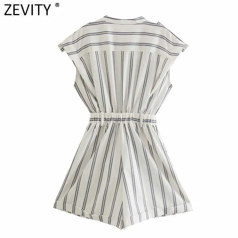 Zevity Kobiety Moda Paski Print Casual Playits Kobiet Elastyczne Przyciski Talii Spodenki Syjamskie Chic Kieszenie Pajaski P1127 210603