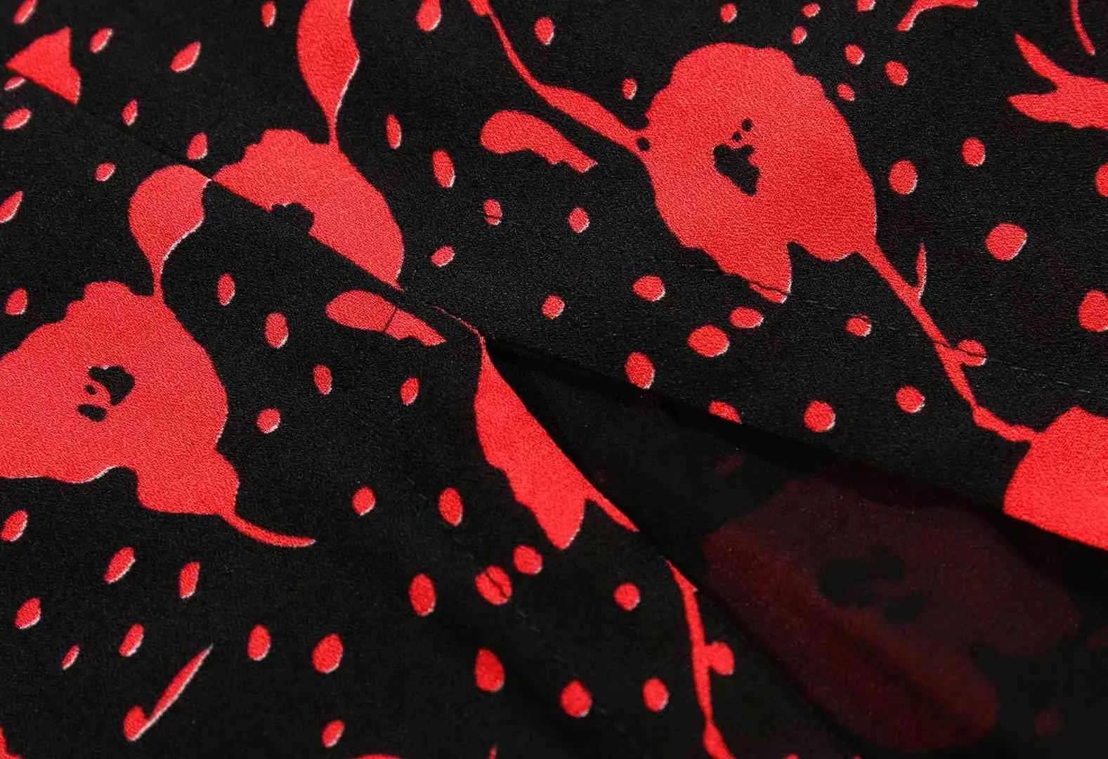 Retro France Style Hem Split Mujer Midi Falda CHIC Cintura alta Cremallera trasera Estampado floral rojo Faldas negras 210429