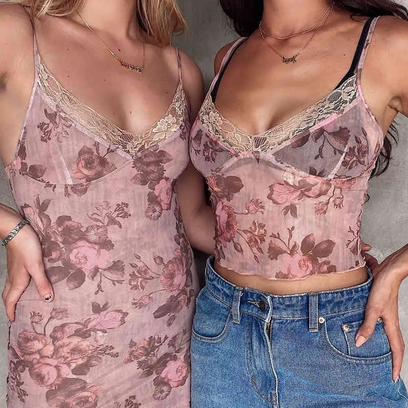 Donne Y2K Sexy Crop Top Floral Stampato floreale Merletto Cami Mesh Sheer Seeve Sebbene Spaghetti Strap senza maniche Streetwear Egirl Abbigliamento 210517