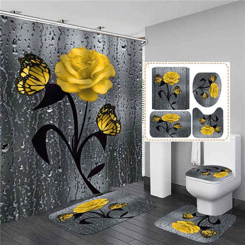 4 szt. Rose Print 3D Wodoodporne poliestrowe maty do kąpieli z poliestrową łazienką Zestaw dywaników toaletowych