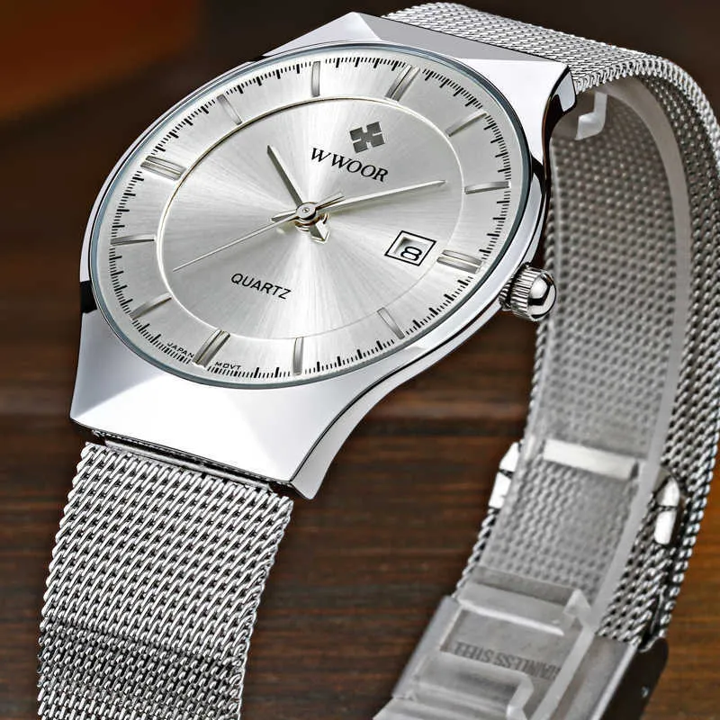 Wwoor marca relógios masculinos quartzo analógico data japão movimento ultra fino malha de aço à prova dwaterproof água fino masculino relógio de pulso prata para homem x0241n