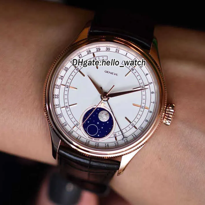 Дизайнерские часы Дешевые 39 мм Cellini Moonphase 50535 M50535 Автоматические мужские часы с белым циферблатом Корпус из розового золота Кожаный ремешок Сапфир d232d