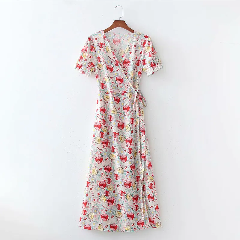 Vrouwen zomer v-hals jurken korte mouw wrap side strikje floral print vrouwelijke elegante mode casual straatjurk kleding 210513