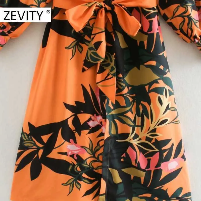 ZEVITY Frauen V-Ausschnitt tropischer Blumendruck Schleife gebunden Schärpen Kleid weibliche Laterne Ärmel lässig Kimono Vestidos schicke Kleider DS4436 210603