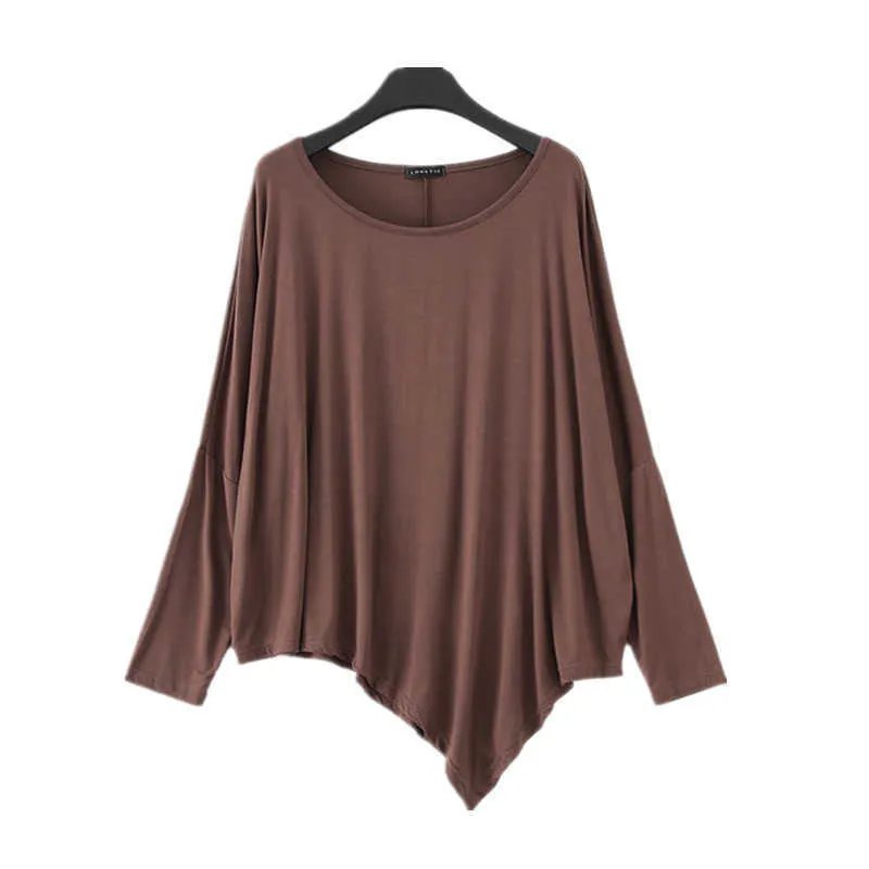 Dorywczo luźne modalne jesień damska bluzka jednolity kolor z długim rękawem o-neck nieregularne pani bluzki W790 210526