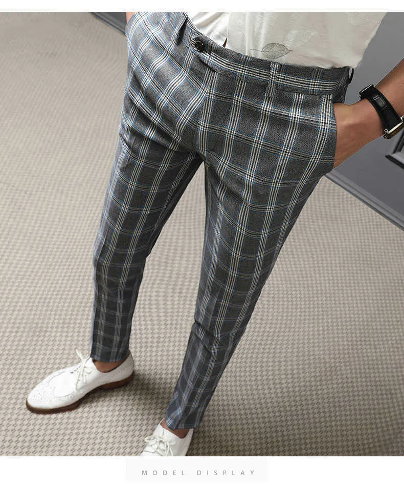 Spring Business Dress Byxor Män Klassisk Plaid Suit Pants Casual Slim Fit Office Social Streetwear Trousers Pantalon Homme 210527