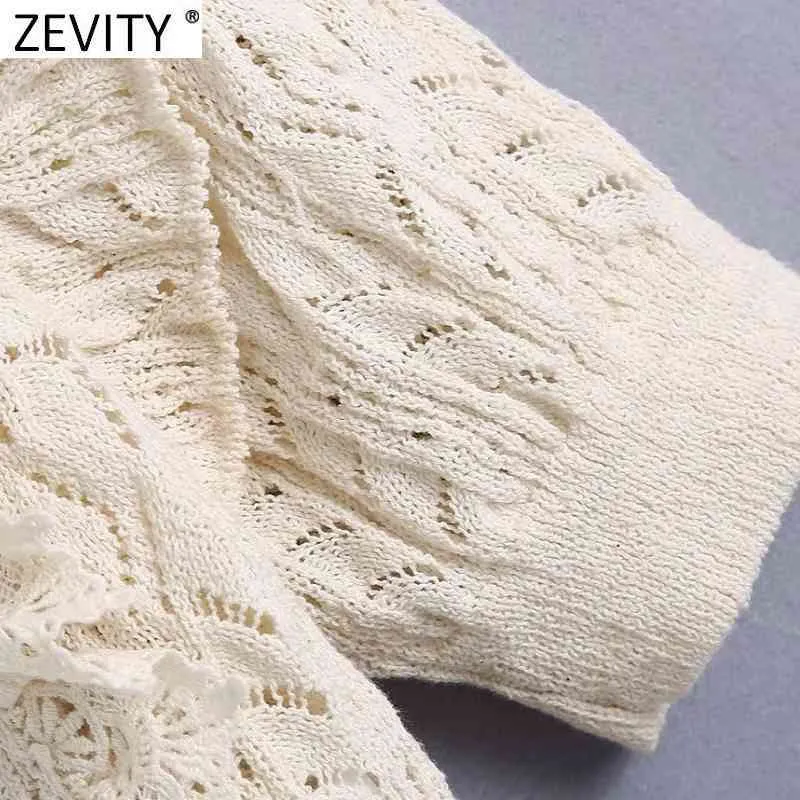 Women Sweet Lace Crochet Patchwork Hollow Out Short Knitting Sweater Female Chic O Neck Ruffles Slim Pullovers Tops SW711 210420