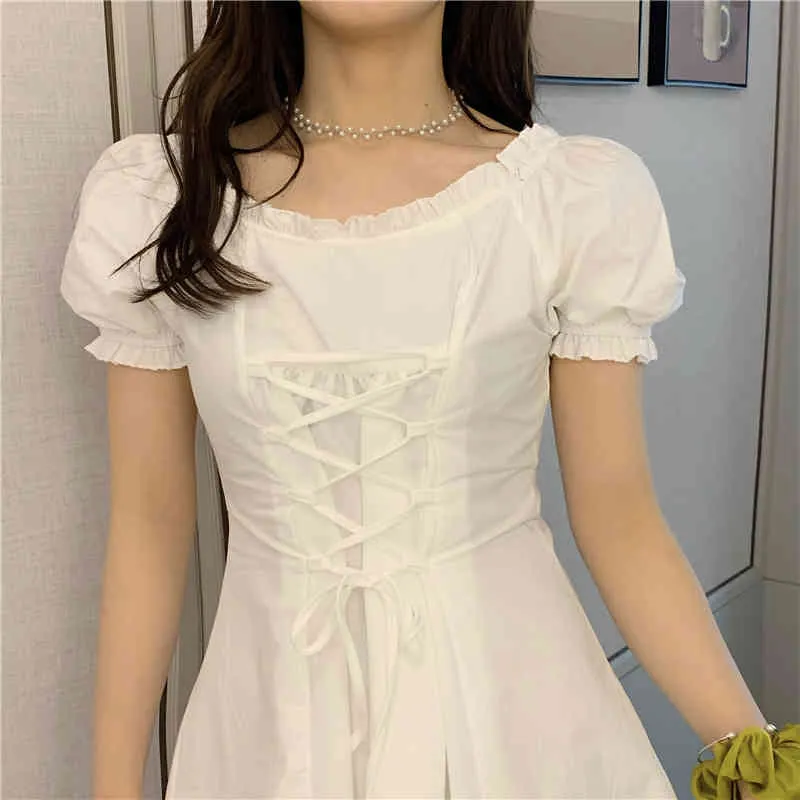 Été rétro couture bois oreilles dentelle croix laçage robe à manches courtes pour femme blanc décontracté mini robes 210519