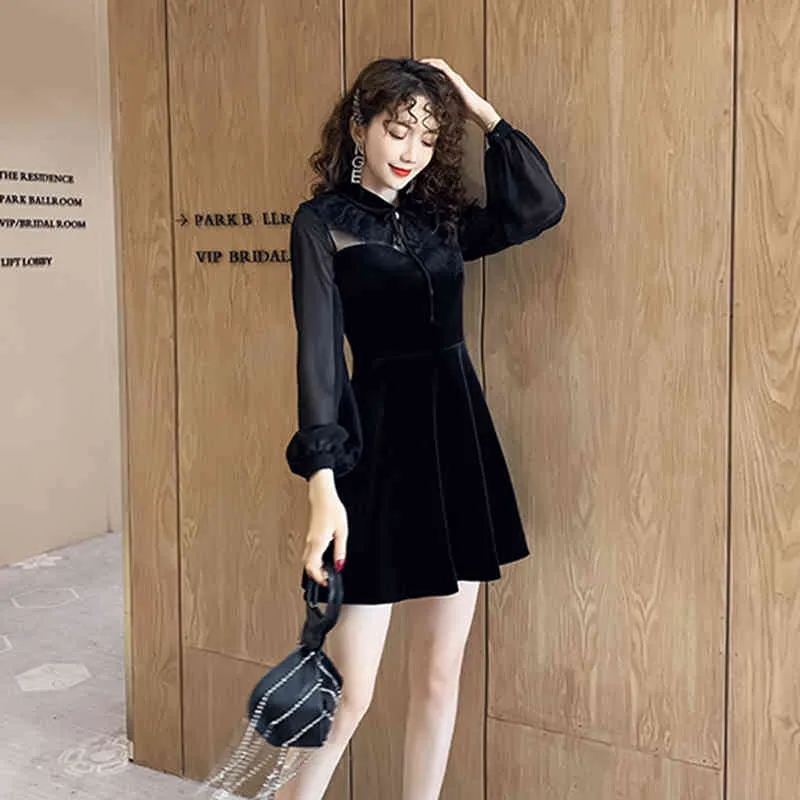 Kadın Bahar Sonbahar Elbise Kore Dantel Fener Kol Siyah Uzun Kısa Kadın Tabanı ES QX871 210507