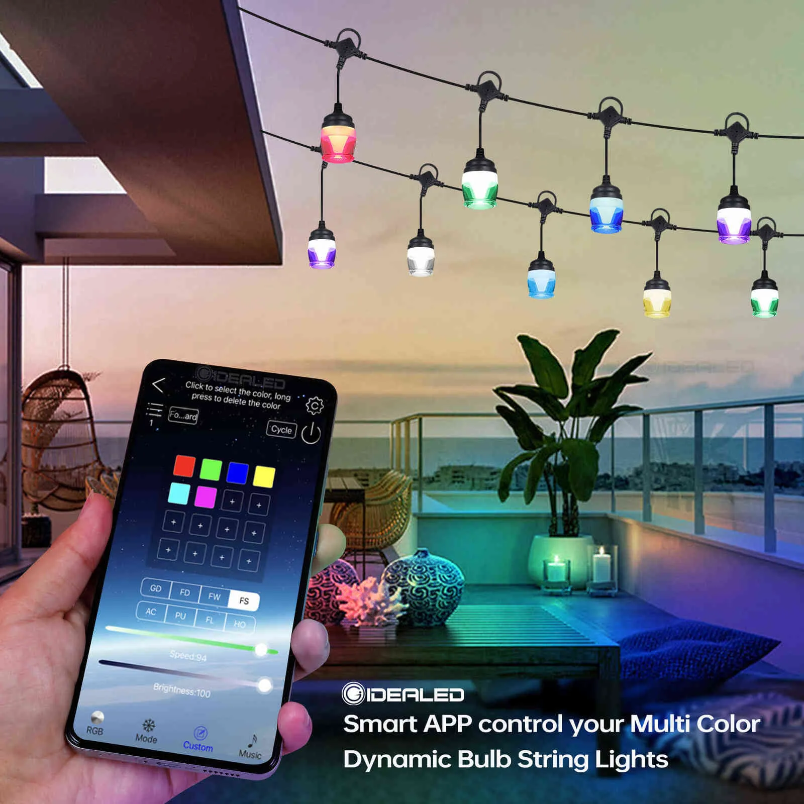 Outdoor RGB LED String Light 12 Lampadine Bluetooth APP Telecomando Atmosphere Night Lamp IP65 11.6M Garden Wedding Party 211104