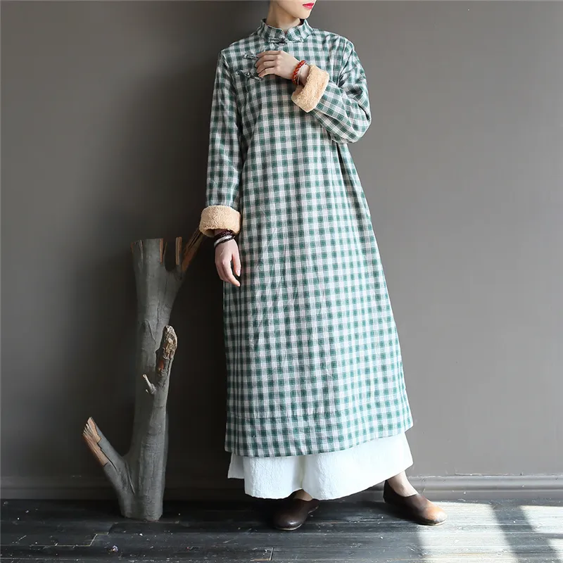 Johnature Women Vintage Dress Stand Long Sleeve Warm Robes Chinese Style Winter Cotton Linen Plaid Women A-Line Dresses 210521