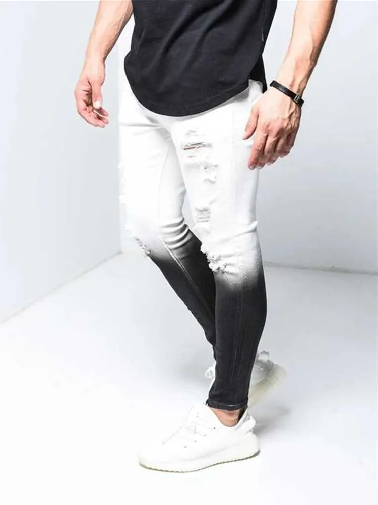 Primavera Masculina Stretch Magro Rasgado Jeans Masculino Slim Fit Calças Denim Calças Streetwear Gradiente Branco Black Jogging Jeans Homens X0621