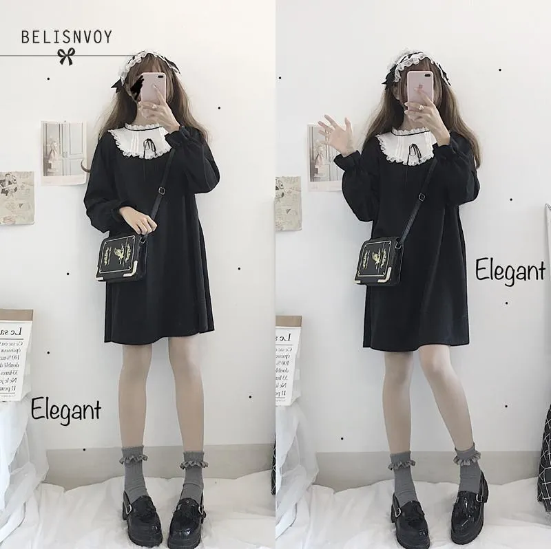 Japanese Cute Fashion Black Dress Women Korean Kawaii Bow Lace Gothic Harajuku Style Stand Collar Girls Lolita Mini 210520