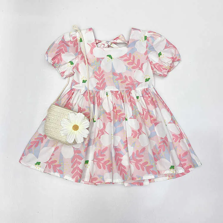 Bear líder crianças meninas coreano floral vestidos verão moda bebê casual linda vestidos crianças trajes com sacos 210708