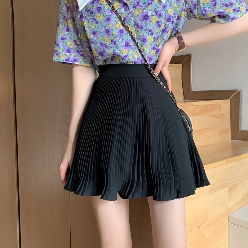 エズガガプレッピースタイルハイウエストスカート女性ビンテージAラインエレガントな韓国のファッションソリッドオールマッチレディースプリーツスカートCasaul 210430