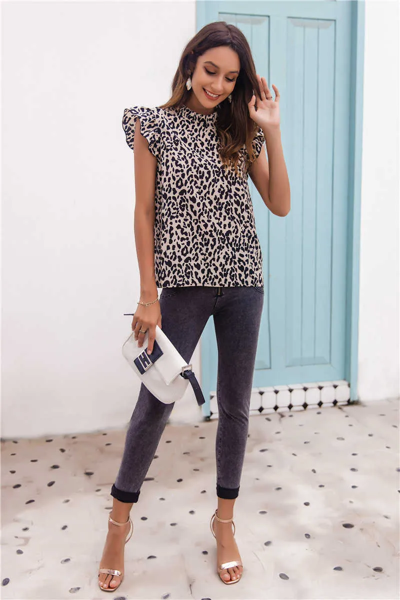 Leopard Print Летняя сексуальная женская футболка без рукавов оборками вскользь футболка Femme Женская одежда Y0433A 210720