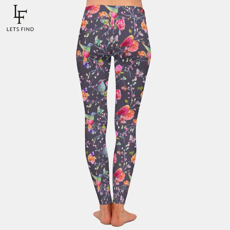 Letsfind fåglar fjärilar och blommor digitala tryck kvinnor höga midja leggings elastisk plus storlek mjuk fitness pants 210925