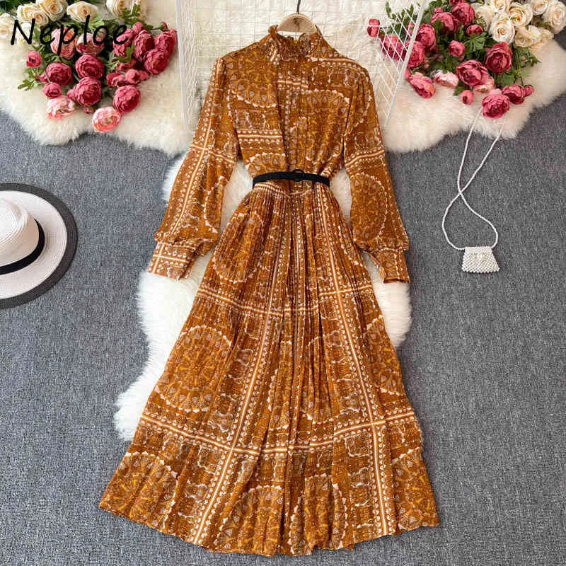 Neploe Vintage Baskı Bohem tatil elbisesi Kadın Yüksek Bel Kalça Sashes A Line Uzun Vestidos Bahar Robe Uzun Kollu 210510