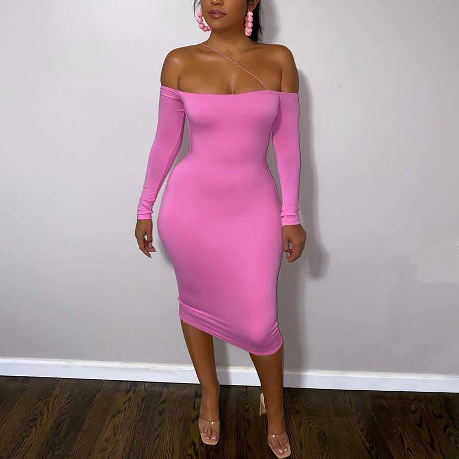 Sisterlinda Elegant Office Lady Slash Neck Maxi Klänning Kvinnor Långärmad Skinny Strapless Bodycon Party Club Night ActiveWear2021 Y1006