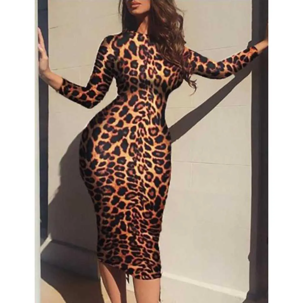 Primavera Outono senhora High Stropy Party Vestidos Leopard Impressão Bodycon Dress Round Neck Manga Longa Fit Slim Sexy Dress Y1006