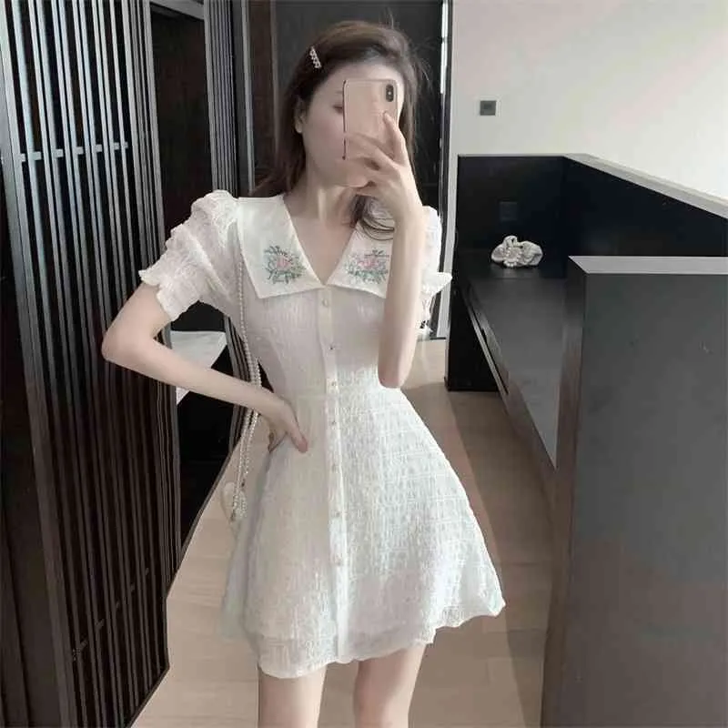 Ezgaga Embroidery Floral Dress Women Vintage Short Sleeve Turn-down Collar A-Line Slim High Waist Single-breasted Sexy Korean 210430