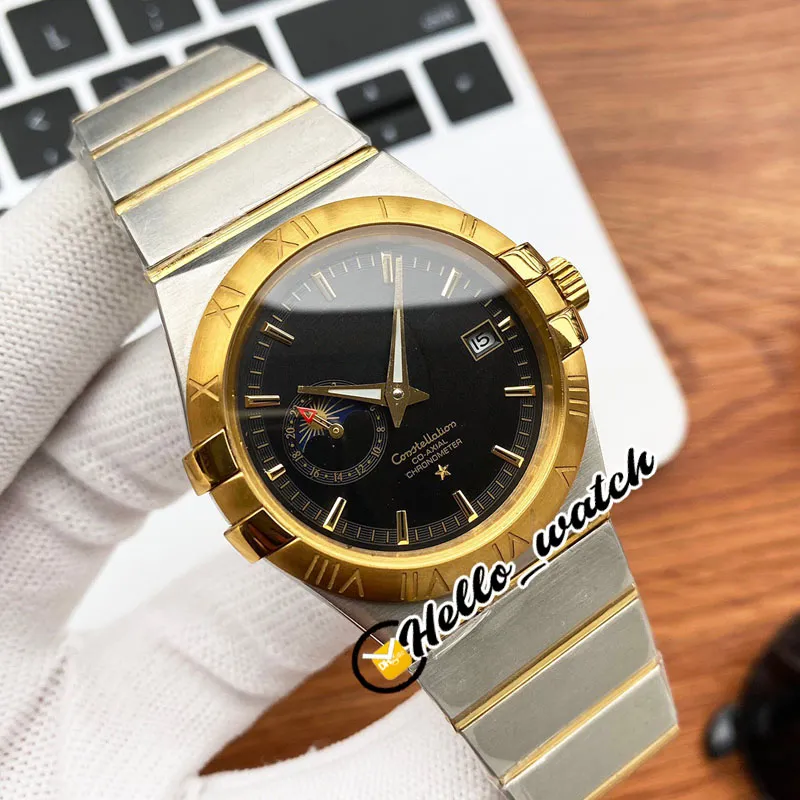 40mm Constellation Automatic Mens Watch Gold Dial Stick Marker Moon Phase Display Gents Watches Two Tone Steel Bracelet HWOM Hello328s