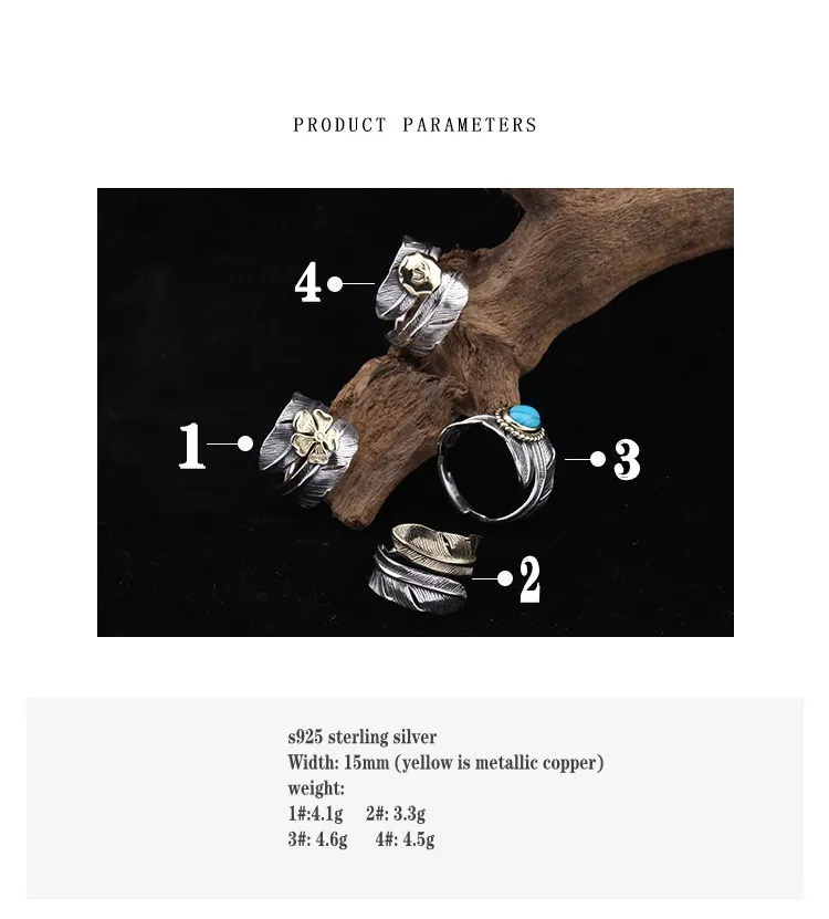 Pluma BOCAI para hombres y mujeres abierto personalizado pájaro turquesa real s925 plata pura vintage anillo de cola para hombres