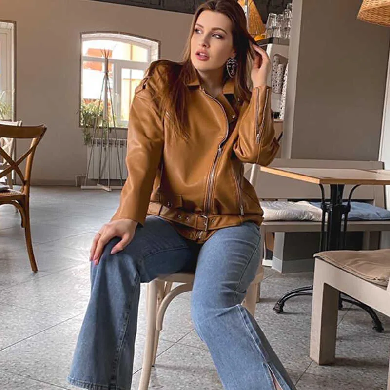 Fitaylor Spring Autumn Faux Leather Jackets Women Loose Casual Coat Female Drop-shoulder Motorcycles Outwear With Belt 210916