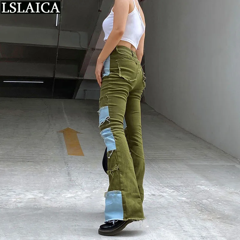 Jeans a zampa d'elefante Casual Skinny Patchwork Fashion Pantaloni Tasche da donna abbinate a colori Pantalones Para Mujer 210520