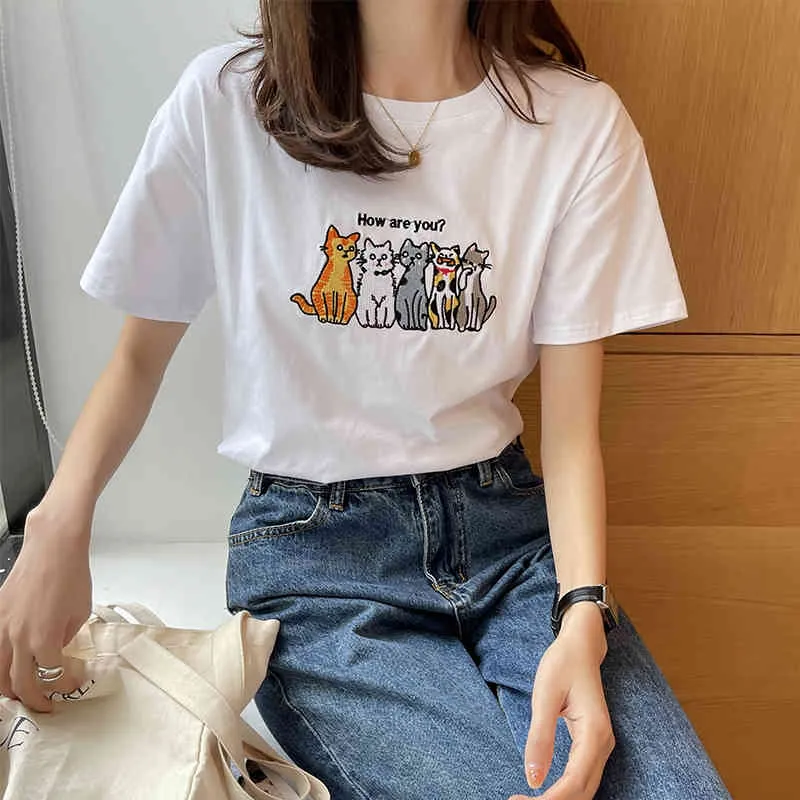 Coréen été t-shirt haut pour Femme blanc T vêtements à manches courtes coton fille animaux brodés t-shirt Femme 210507