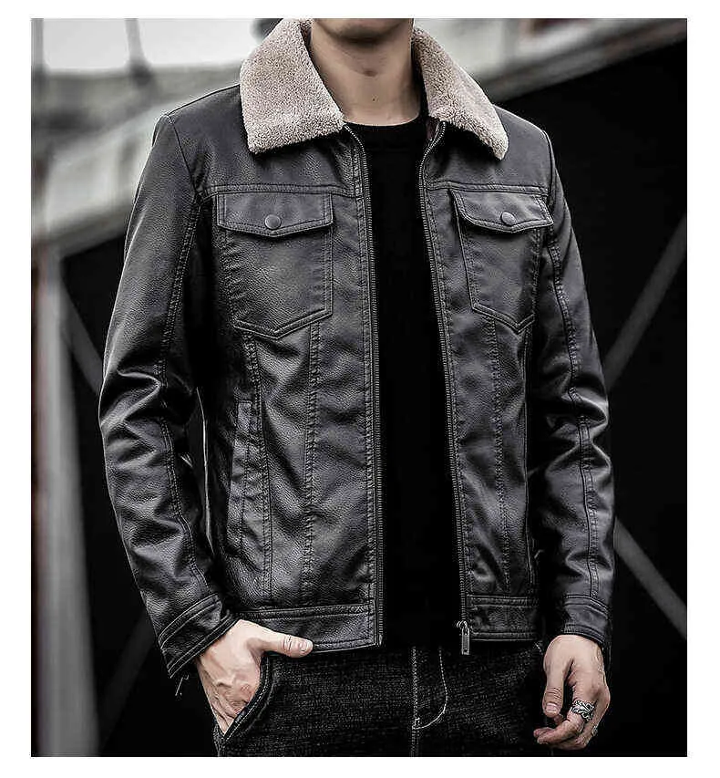 Thick Mens Leather Jacket Winter Autumn Men's Motorcycle Jacket Fashion Faux Fur Collar Windproof Warm Coat Fleece Jacket Men 211110