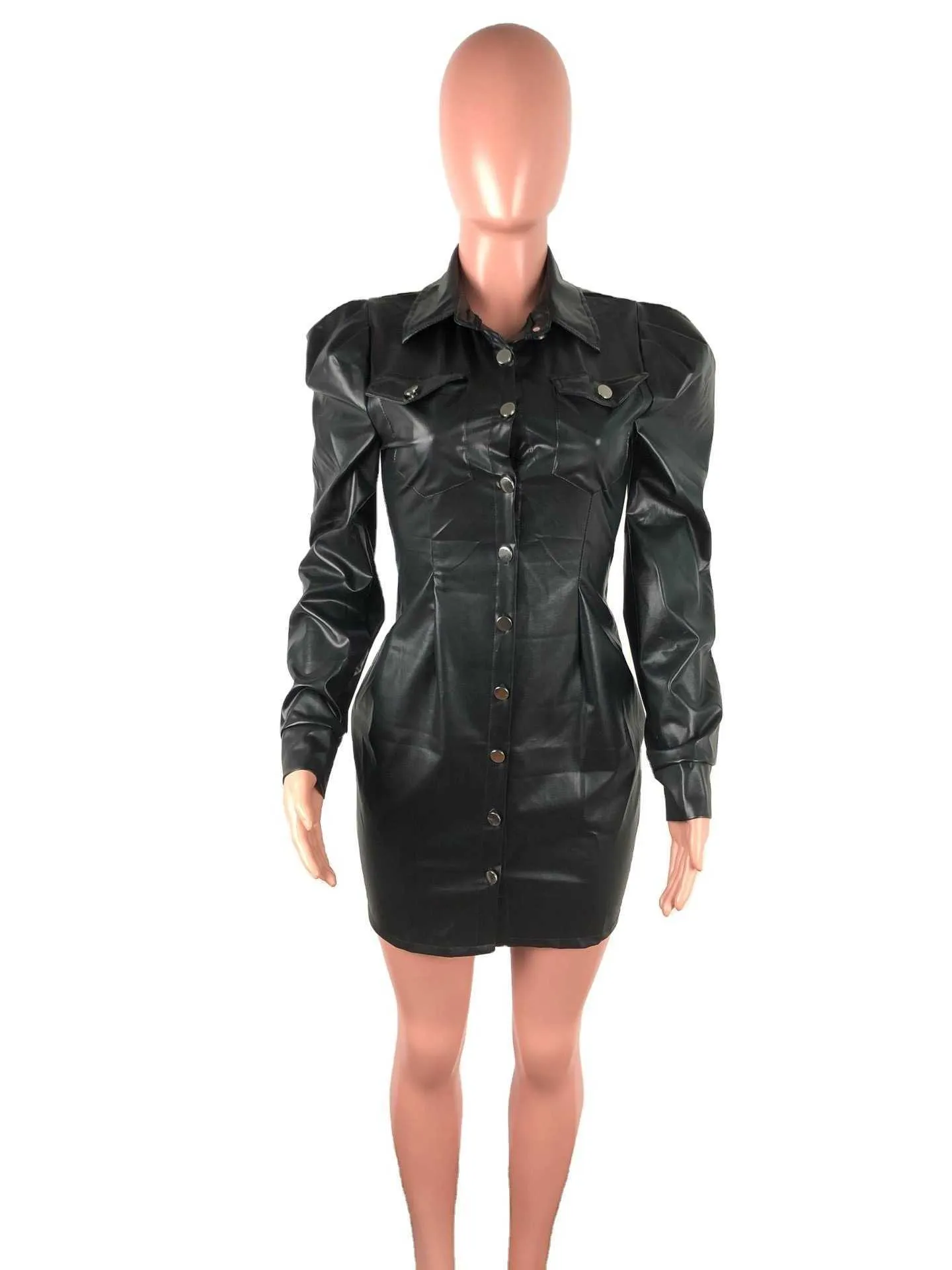 Robe veste en cuir PU à manches longues bouffantes pour femmes, Mini robe plissée solide, Sexy, moulante, robes froncées à simple boutonnage 21283H