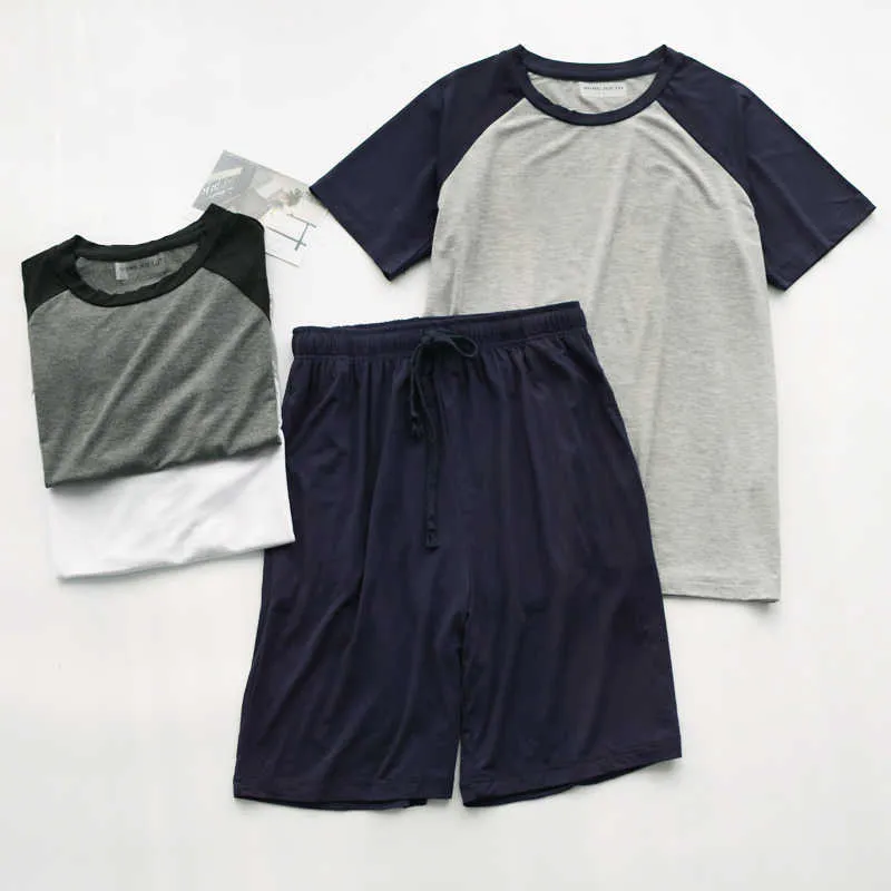 Los pijamas de verano modales para hombres de sección delgada, pantalones cortos sueltos de manga corta, se pueden usar fuera de deportes, servicio a domicilio, traje para hombres, ropa de dormir 210812
