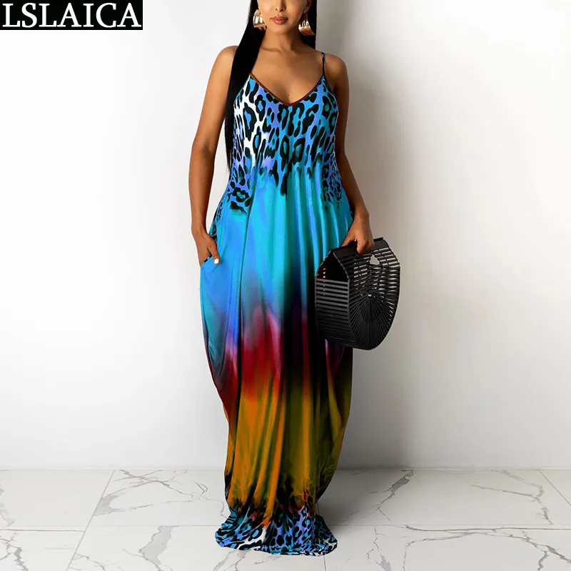 Drop Sundresses Women Sleeveless Tie Dye Leopard Print Sexy Long Dresses for Plus Size Fashion Sling Dress Summer 210515