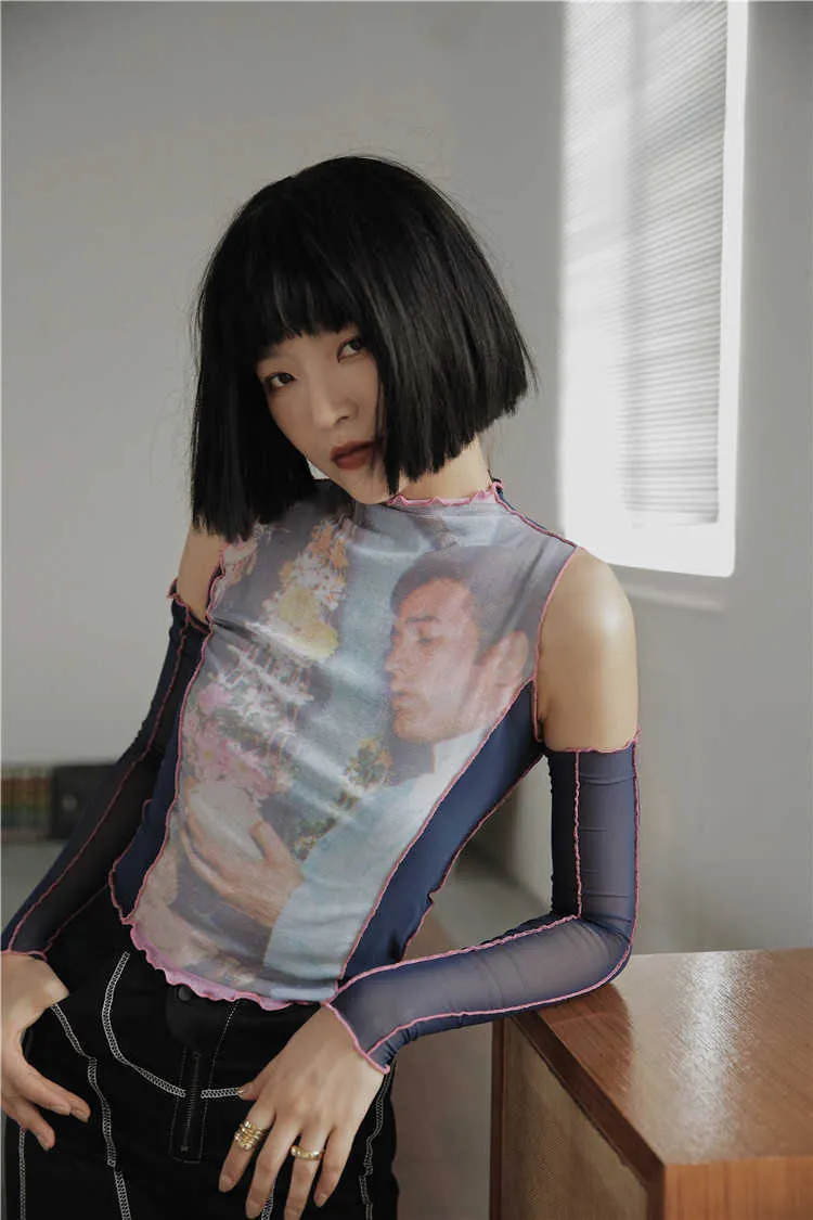 ショルダーメッシュトップロングスリーブをオフTシャツの女性ティーサマーファッションS 210720