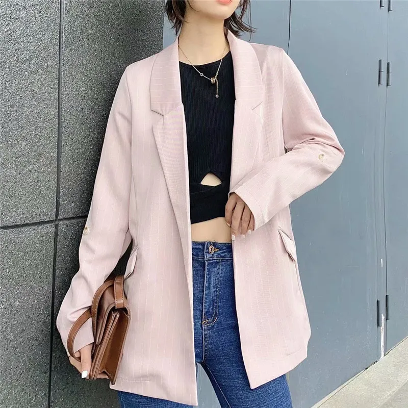 Chic Striped Long Sleeve Women Blazer Jacket Office Ladies Pocket Design Casual Streetwear Kvinna Outwear Toppar Coat 210430