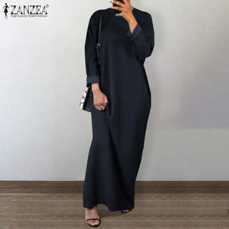 Zanzea mulheres vintage manga comprida maciça Maxi vestido casual kaftan vestido robe dubai abaya peru hijab muçulmano y0823