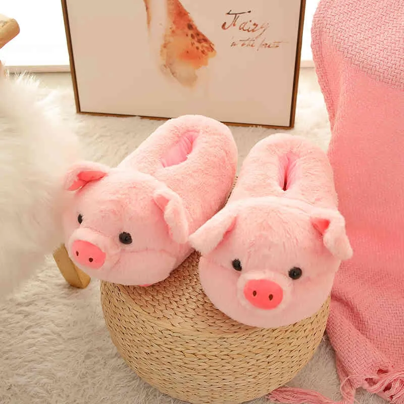 밀피프 귀여운 따뜻한 돼지 슬리퍼 핑크 동물 겨울 집 바닥 부드러운 돼지 슬리퍼 여성 슬리퍼 여자 겨울 따뜻한 신발 Y0406