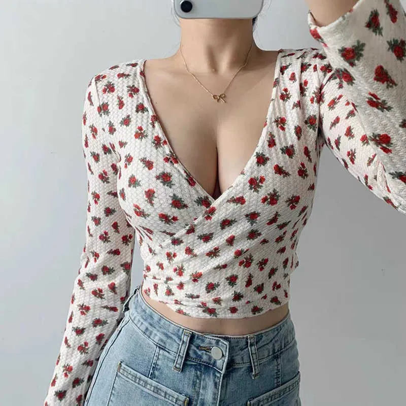 Bahar ve Yaz Çiçek Uzun Kollu T-Shirt Kadın Çapraz Kravat Derin V Üst Seksi Büyüleyici Kadınsı Giysiler 210604