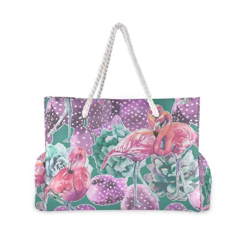 Sacos de compras Sacola grande para mulheres verão praia Nylon tecido macio grande bolsa feminina grande suculentas vintage e flamingos saco de ponta superior 220310