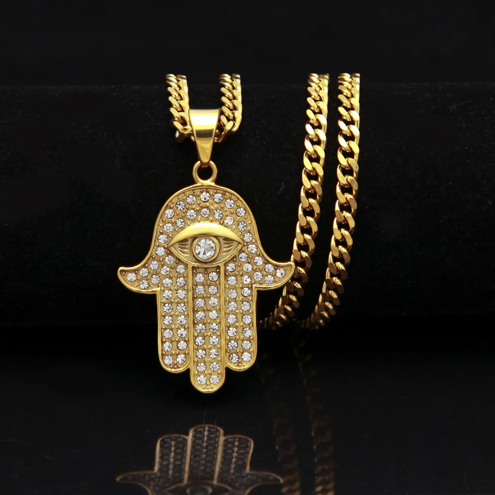 High quality stainless steel men's necklace with diamond large Fatima hand hip hop Pendant