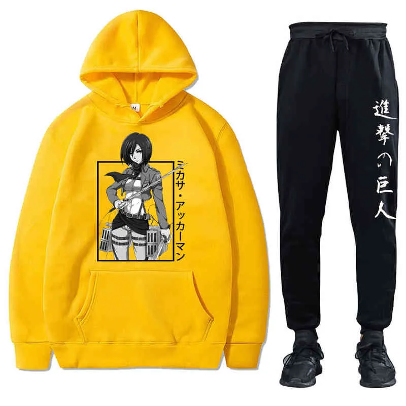 Ataque no Titan Men Tracksuit Mikasa Ackerman Hoodie e Sweatpants Outono e Inverno Manga Longa Solta Pulôver Sueter H1227