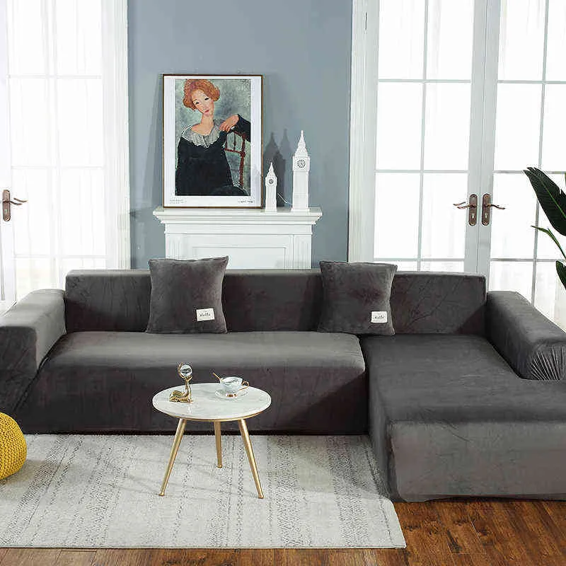 Fluwelen stof pluche sofa cover stretch effen kleur dikke slipcover s voor woonkamer huisdieren stoel kussen 211116