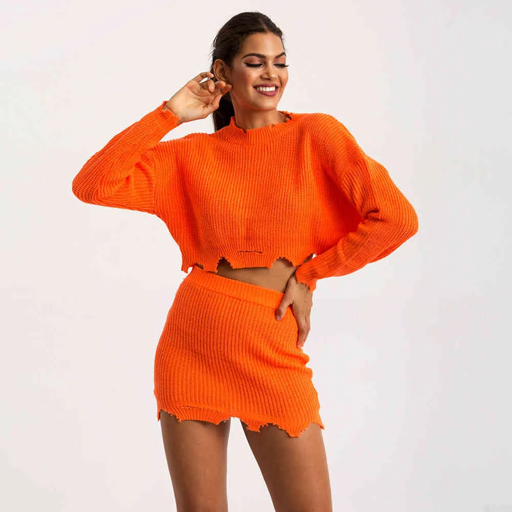 Fashion Women Outfit Long Sleeve Casual All-match Solid Cropped Sweater Skirt Sexy Ins Popular New Design Women's Set 210422