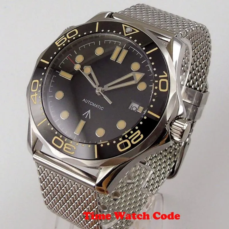 41 mm automatische Herren-Armbanduhr, japanisches NH35-Uhrwerk, Datumsanzeige, schwarzes Zifferblatt, Saphirglas, Edelstahl-Mesh-Band, Handgelenk 333 m