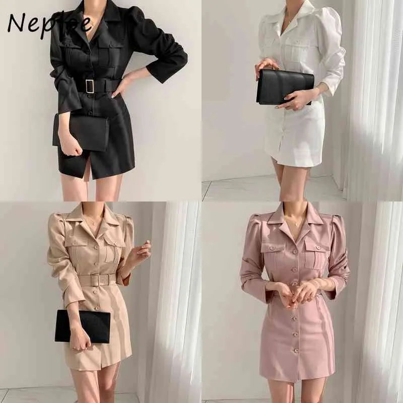 Turn Down Collar Long Sleeve Single Breast Dress Women High Waist Hip Sashes Straight Vestidos Work Style Ol Solid Robe 210422